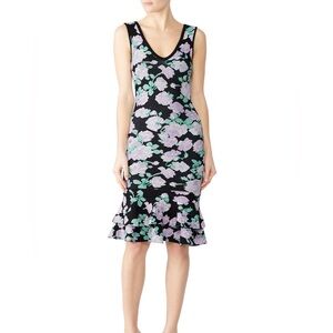 Ronny Kobo Haya Floral Ruffle V-Neck Fit & Flare Dress Size Large Black & Pink